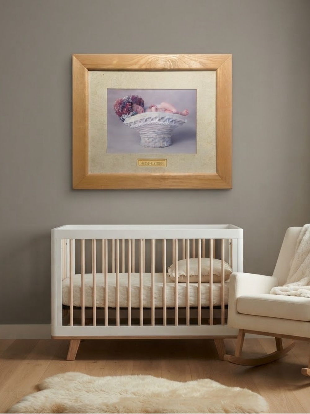 Vintage Anne Geddes Framed Art Print "Hydrangea Planter" Baby in Basket Nursery